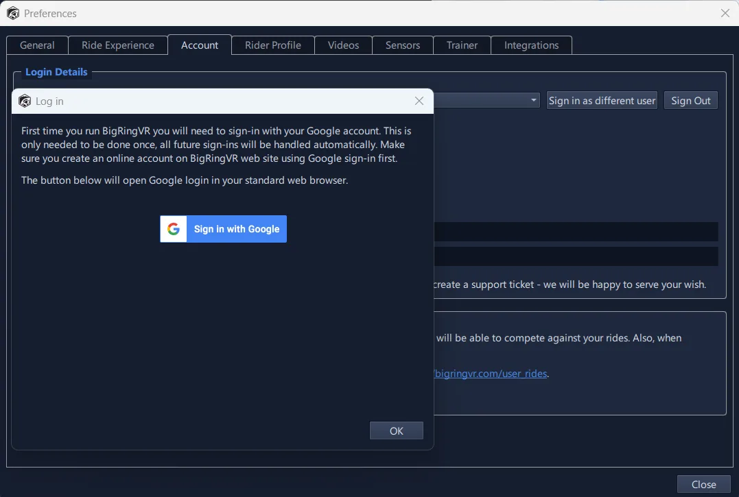 BigRingVR sign-in screen