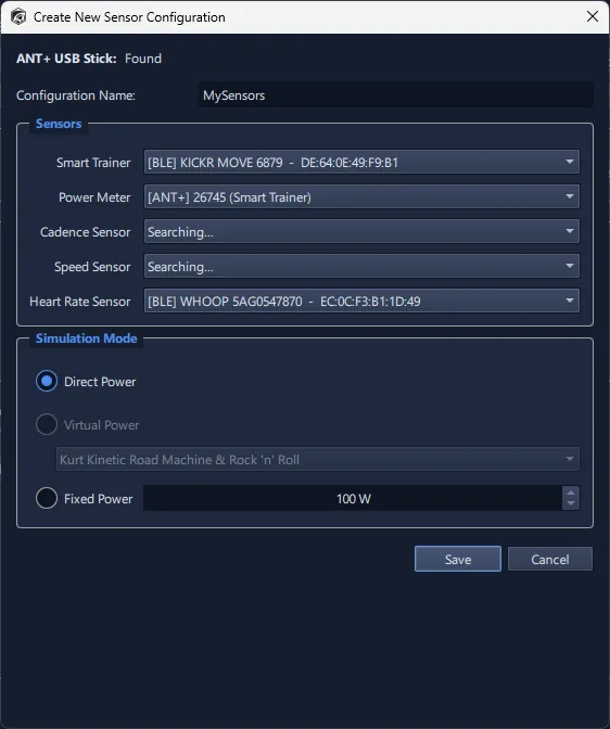 Sensor configuration screen: ANT+ and Bluetooth sensors side by side